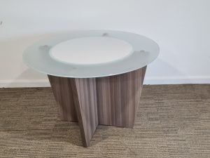 Glass Top Round Table with Cross Panel Legs in Cedar - Ex Showroom