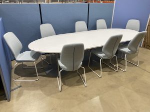 Boardroom Table - White - Set of 8 Chairs - Blue - Used