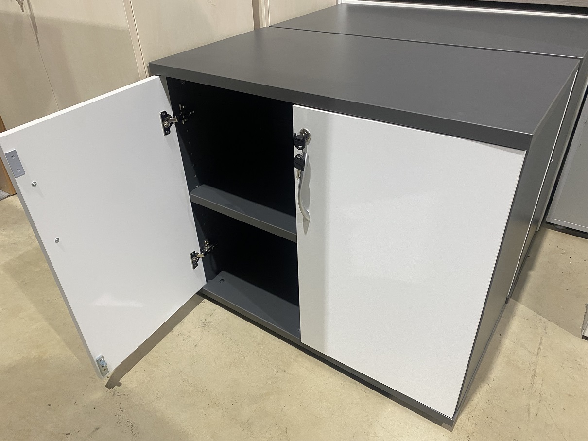 Low Double Door Cupboard in Dark Grey with White Doors - Image 3