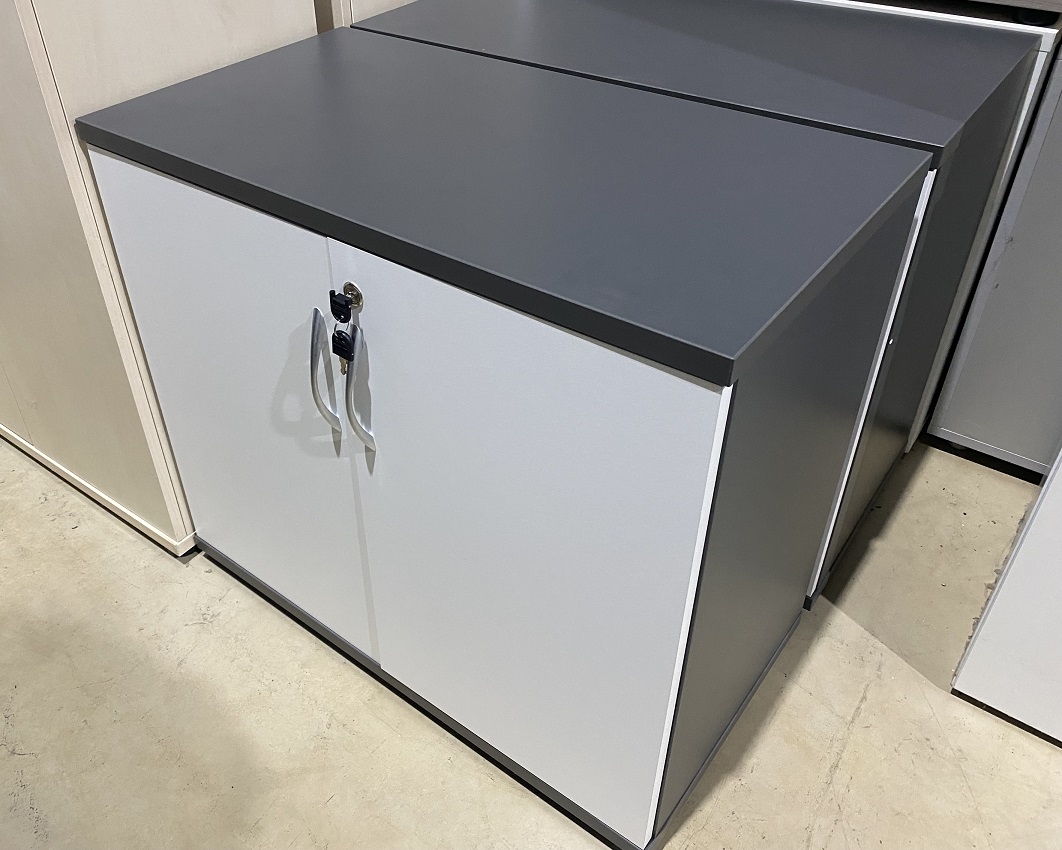 Low Double Door Cupboard in Dark Grey with White Doors