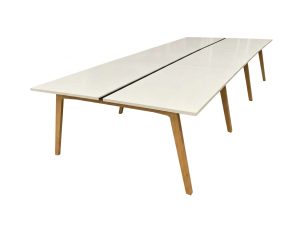 4 Person & 6 Person Bench Desks in White with Sliding Tops & Oak Legs - Used